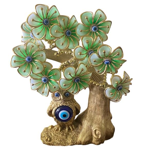 Turkish Blue Evil Eye Tree with Painted Golden Owl Statue Artificial Flowers - Picture 4 of 9